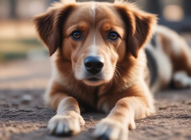 A dog is peacefully sleeping on a bed with a colorful geometric-patterned blanket. The bed is situated in a cozy bedroom with a dresser in the background. On top of the dresser, there are various decorative items, including a framed photograph, a white vase, a wooden hand sculpture, a metal tree sculpture, and a glowing orange lamp. A tower fan stands next to the window, and there are some dog toys on the bed.